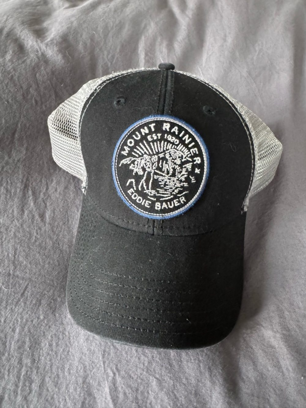 Eddie Bauer Black Front White Mesh Mount Rainier Patch Trucker Hat